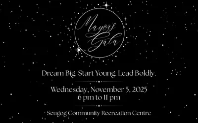 Black background with starry elements, Mayor's Gala written in calligraphy in a white circle, text below reading 'Dream Big. Start Young. Lead Boldly. Wednesday, November 5, 2025, 6 pm to 11 pm. Scugog Community Recreation Centre'