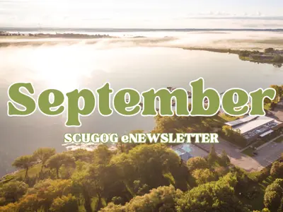 Aerial photo of Lake Scugog with overlaid green text reading 'September Scugog eNewsletter'