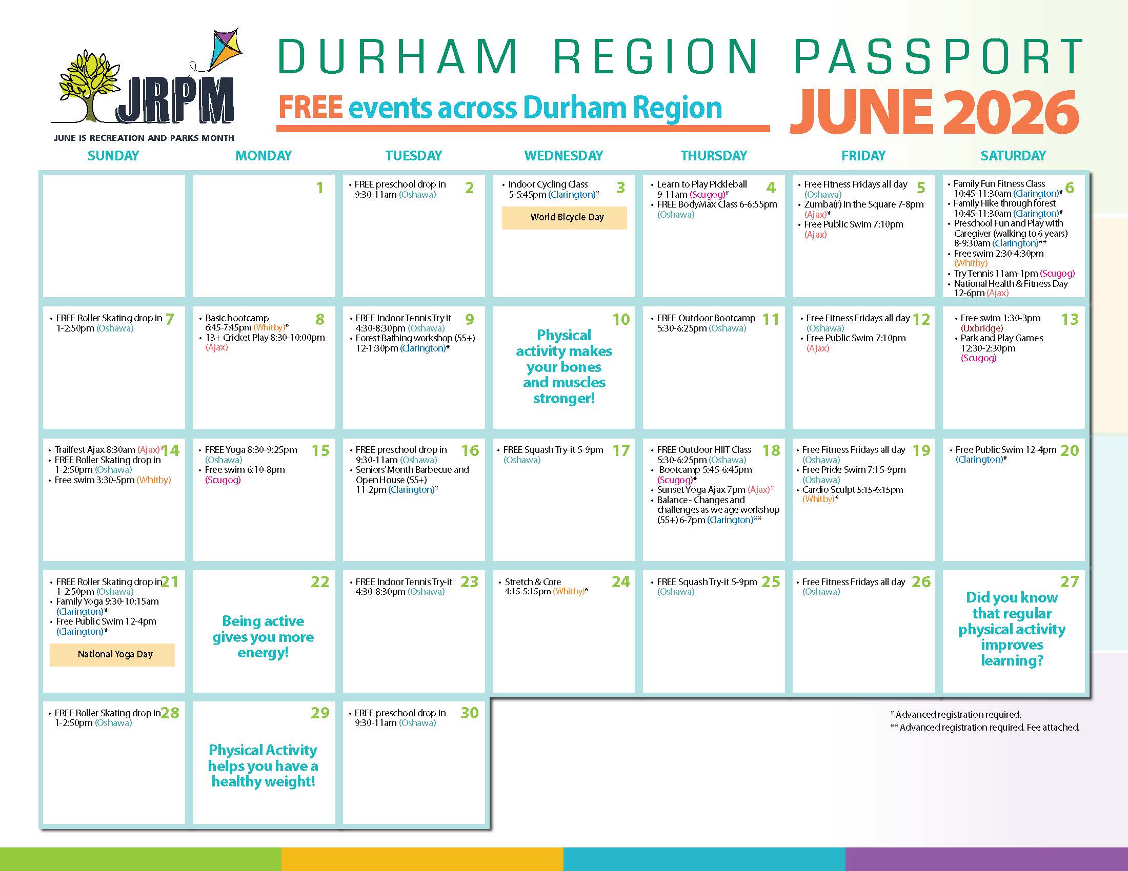 June is parks and recreation month passport calendar with activities